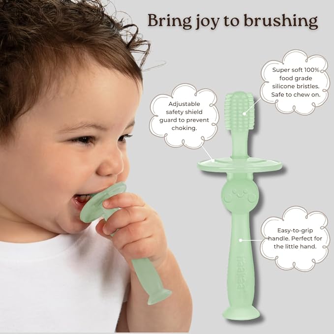 haakaa 360° Silicone Baby Toothbrush – 100% Soft Food Grade Silicone, BPA-Free, Suction Base, Safe for Babies 6 Months+, Gentle Gum and Teeth Cleaning for Infants, Gum Massager (Lime)