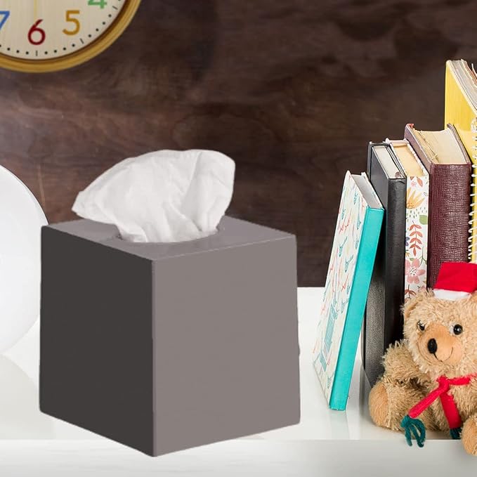 Gray Tissue Box Cover Square - Plastic Facial Tissue Box Holder Vessel Dispenser - Decorative Cube Tissue Holder for Bathroom, Vanity Countertop, Dresser, Bedroom, Office Grey Decor