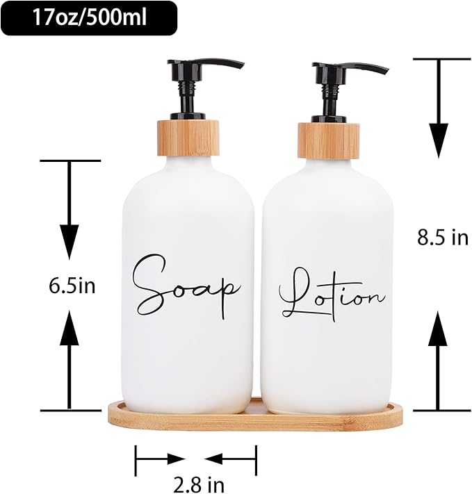17 oz Hand Soap Dispenser Empty Glass Lotion Pump Bottles, Refillable Liquid Dish Soap Bottles for Bathroom Decor, Kitchen Sink, Matte Design and Wood Tray, Pack of 2, White