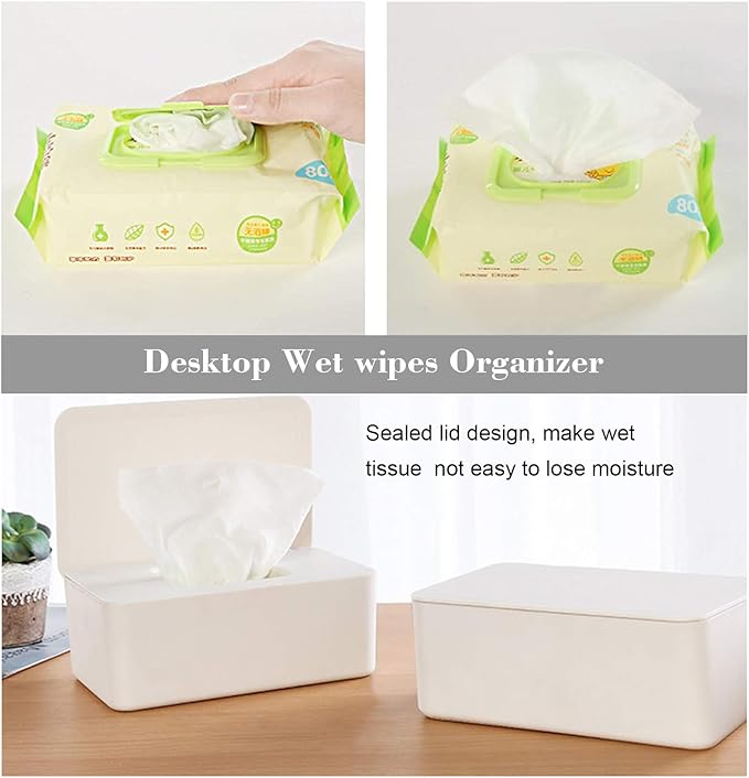 Cuayaes White Tissue Box Cover, Refillable Baby Wipes Dispenser with Sealed Lid, Modern Desktop Tissue Box Holder Napkin Organizer Container for Bathroom Car Office