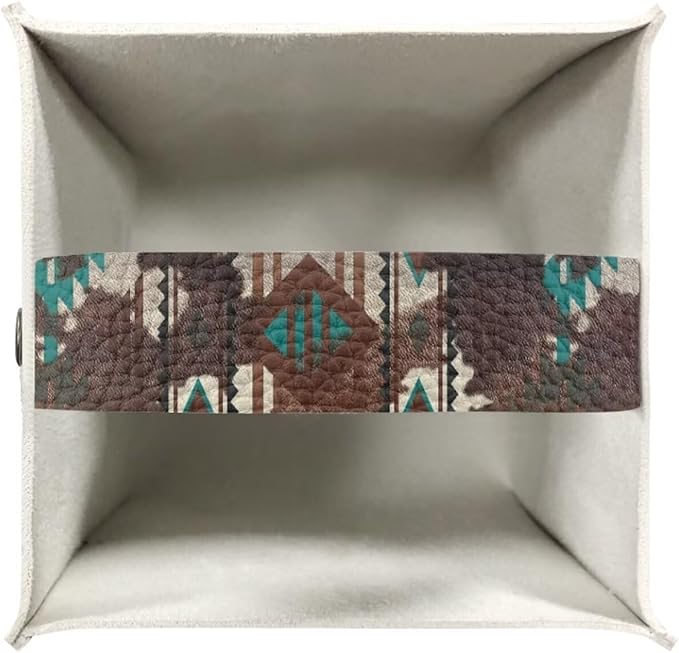 Aztec Cowhide Minimalist Tissue Box Holder, Square PU Leather Napkin Organizer with Secure Metal Button, Waterproof and Stain-Resistant Tissue Cover for Home, Kitchen, and Automotive Use