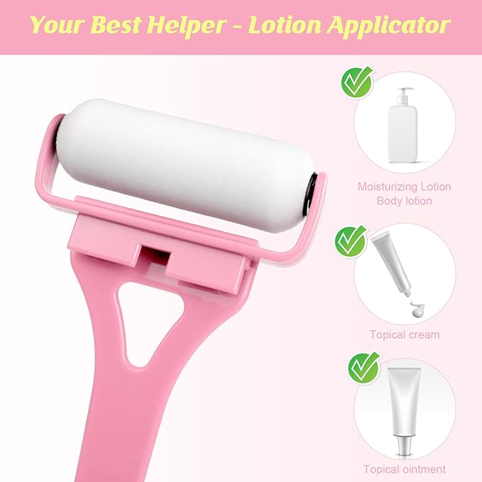 Lotion Applicator for Back, Backs Lotion Applicator for Women and Men with 3 Reusable Washable Foam Rollers, Long Curved Handle Sunscreen Applicator for Back(Pink)