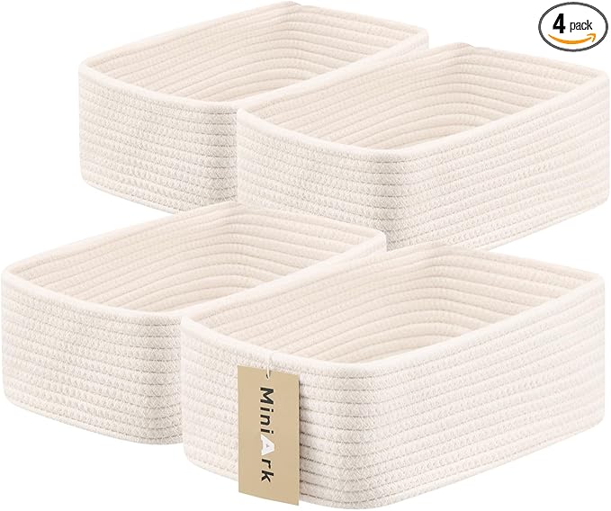 Small Storage Baskets for Organizing | Closet Organizer Bins | Shelf Toy Basket | Woven Rope Baskets | Cube Decorative Box | Shallow Basket | 11.5x7.5x4.7” | 4 Packs Off White