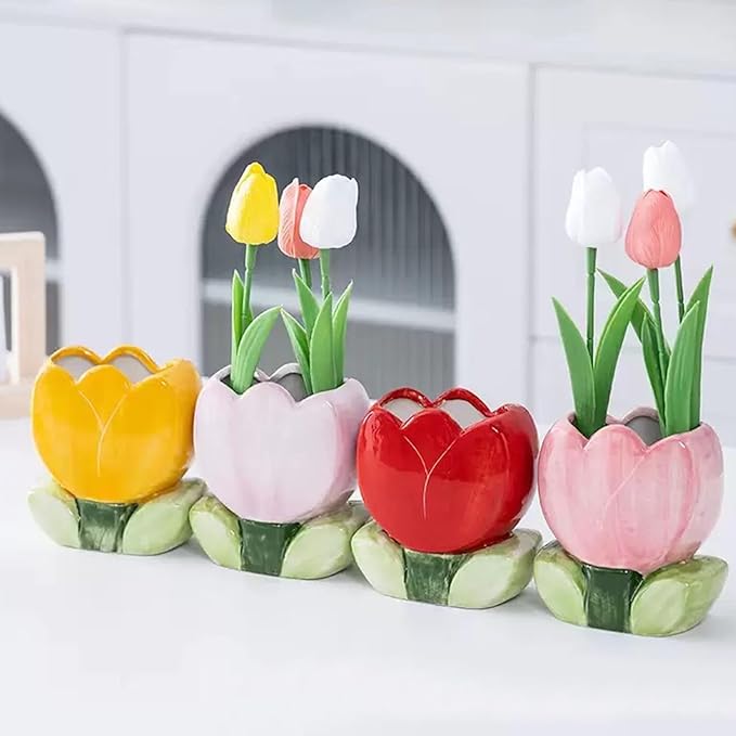 Ceramic Tulip Cosmetic Storage Box, Desktop Organizers Make Up Brush Storage Stand Desktop Storage Box for Brush,Pencil,Art Supplies, Painting Brush (Red)