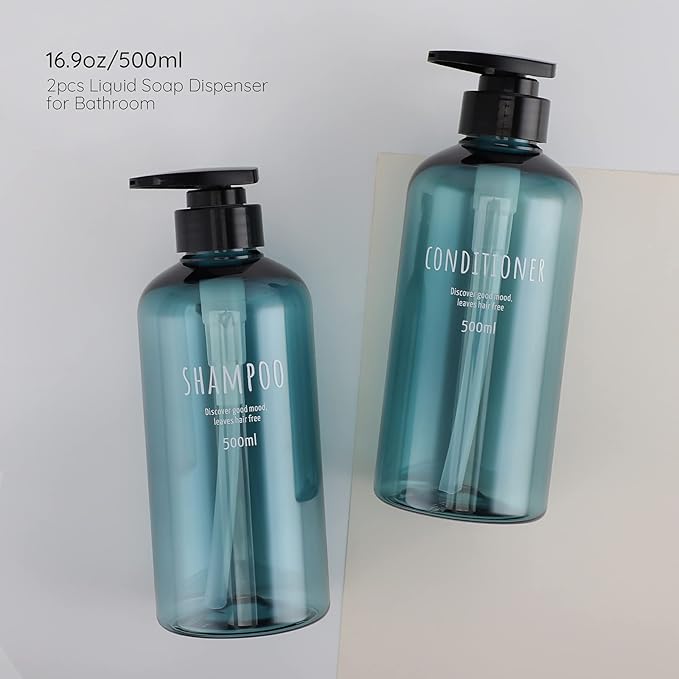 Segbeauty 2-Pack 16.9oz Shower Dispensers, Blue Refillable PET Plastic Bottles for Shampoo, Conditioner, Body Wash, Lotion