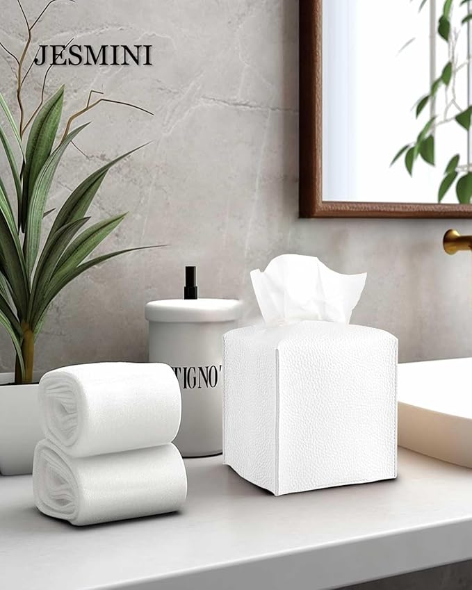 Tissue Holder White Tissue Box Cover – Square Leather Tissue Cover Box with Bottom Belt, Decorative Tissue Box Holder for Modern Home Office Decor