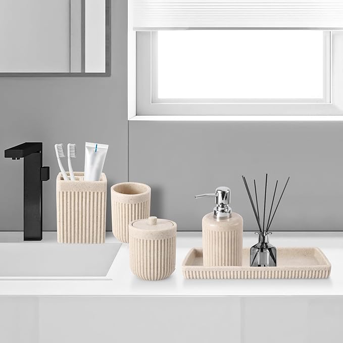 Resin Beige Bathroom Accessories Set 5 Pcs, Lotion Soap Dispenser, Toothbrush Holder, Bathroom Tumbler, Qtip Holder and Vanity Tray, Bathroom Countertop Organizer Set for Modern Home Apartment