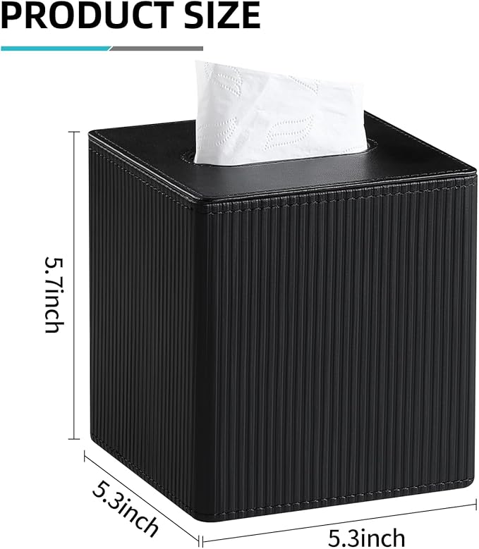 Tissue Box Cover Square with Magnetic Closure, PU Leather Tissue Box Holder for Bathroom NightStands Livingroom, Decorative Modern Square Tissue Holder (Black)