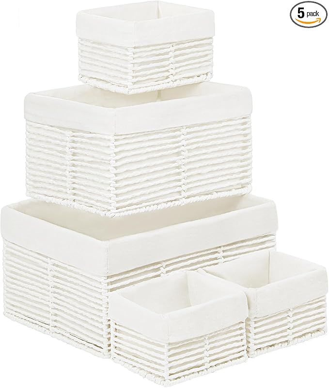 Vagusicc Wicker Storage Basket, Hand-Woven Paper Rope Woven Baskets, Rectangular Small Wicker Baskets for Organizing, Cube Storage Bins for Closet/Clothes/Dresser, White, 5-Pack