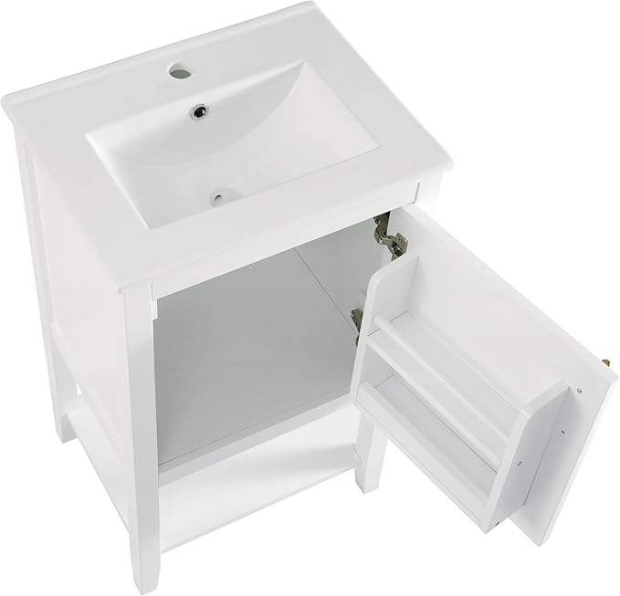 Bellemave 20" Small Bathroom Vanity with Sink, Modern Bathroom Storage Cabinet with Door and Storage Rack, Free Standing Single Basin Vanity with Open Shelf, Undermount Ceramic Sink, White