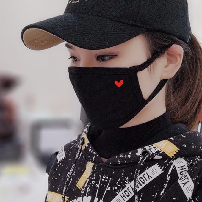 Pack 8 Black Cloth Dust Mouth Mask - Heart Covering All Cotton - Reusable Washable Comfy Breathable Material