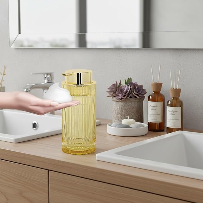 14 Oz Foaming Soap Dispenser, Amber Glass Soap Dispenser, Refillable Foam Pump Bottle Lotion Container with Gold Pump, Decorative Slim Ribbed Bottle for Bathroom and Kitchen Decor
