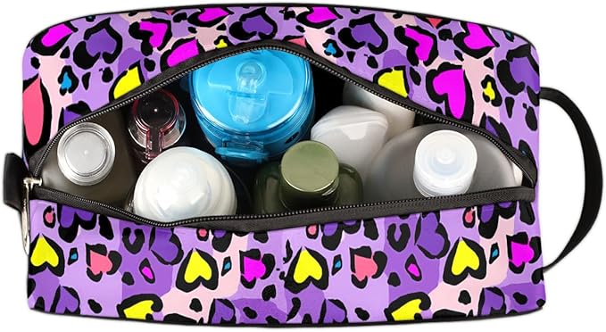 Heart Shape Leopard Skin Print Kids Toiletry Bag for Boys Girls, Cosmetic Makeup Bag with Handle, Travel Shaving Kit Organizer, Waterproof Portable Wash Bag for Gym Vacation Camping Sports