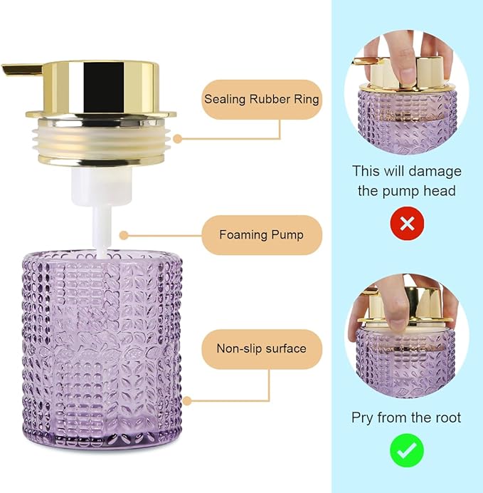 Foaming Soap Dispenser, 2pcs Purple Glass Foam Soap Dispenser with Gold Pump, Refillable 10oz Lotion Liquid Container Pump Bottle for Bathroom Kitchen Countertop