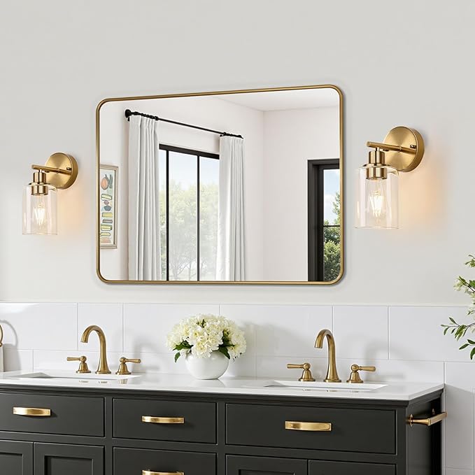 Set of 2 Wall Sconces for Bathroom, Brushed Gold Modern Vanity Lights with Clear Glass Shade,Bathroom Wall Lamp for Mirror Kitchen Living Room Hallway Cabinet Porch