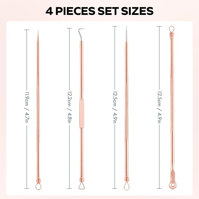 FEITA Blackhead Remover Pimple Comedone Extractor Tool, Stainless Acne Tools Pimple Popper Removal Kit, Zit Whitehead Popping Needle for Nose & Face, Rose Gold 4Pcs