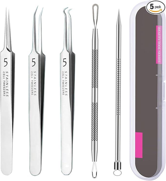 5pcs Blackhead Remover Tweezers Pimple Popper Tool Kit, Precision Acne Needle Comedone Blackhead Tweezers Extractor Removal Whitehead Popping Zit for Nose Face Skin Blemish Extractor Tool - Glossy