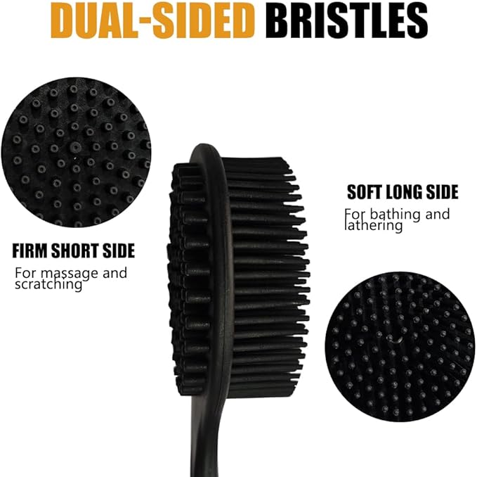Silicone Back Scrubber for Shower Body Brush with Long Handle Double Sided Bath Exfoliating Massage Brushes Men Women (Black)