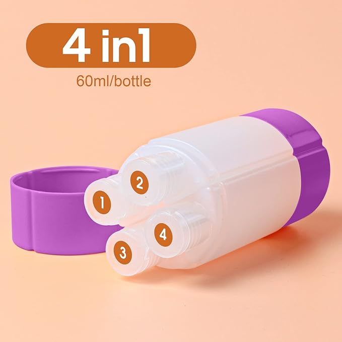 Travel Bottle, TSA approved 4-in-1 Leak-Proof Bottle, 4 * 60ml/2oz, with 2 Pre-printed Labels for Travel Gym Camping, Carry-On Travel Size Toiletries Shampoo Lotion Bottle for Women Men(Purple)