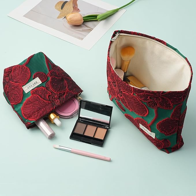 2 Pcs Makeup Bags for Purse, Large Cute Cosmetic Bag Travel Toiletry Bag Organizer for Women, Embroidery Craft Floral Makeup Bag Small Cosmetic Pouch Purse with Zipper (Elegant Red Flower)