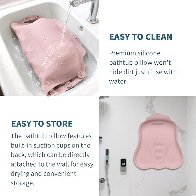 Silicone Bath Pillow for Tub – Ergonomic Bathtub Headrest with Inflatable Air Cushion, Non-Slip Suction Cups & Neck/Back Support – Comfortable Spa Bath Accessory for Relaxation (Pink)