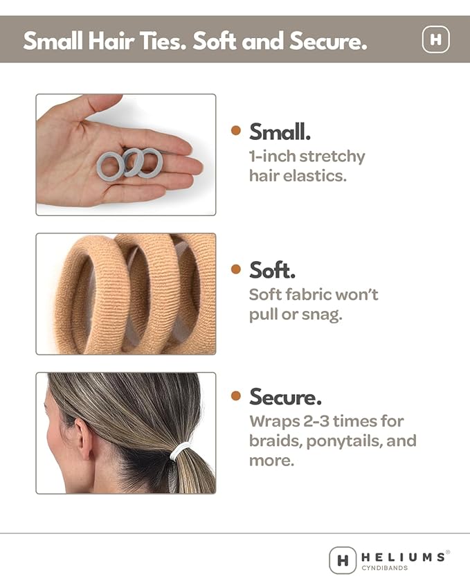 Heliums Small Soft Hair Ties - Brown - 1 Inch Mini Nylon Bands, No Damage Ponytail Holders for Kids, Braids, and Thin Hair - 30 Count