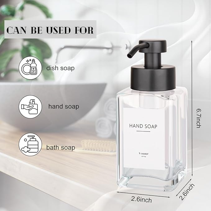 Foaming Soap Dispenser with Stainless Steel Pump, 12oz Refillable Glass Liquid Dish Soap Bottles for Bathroom, Kitchen Sink, Home Decor