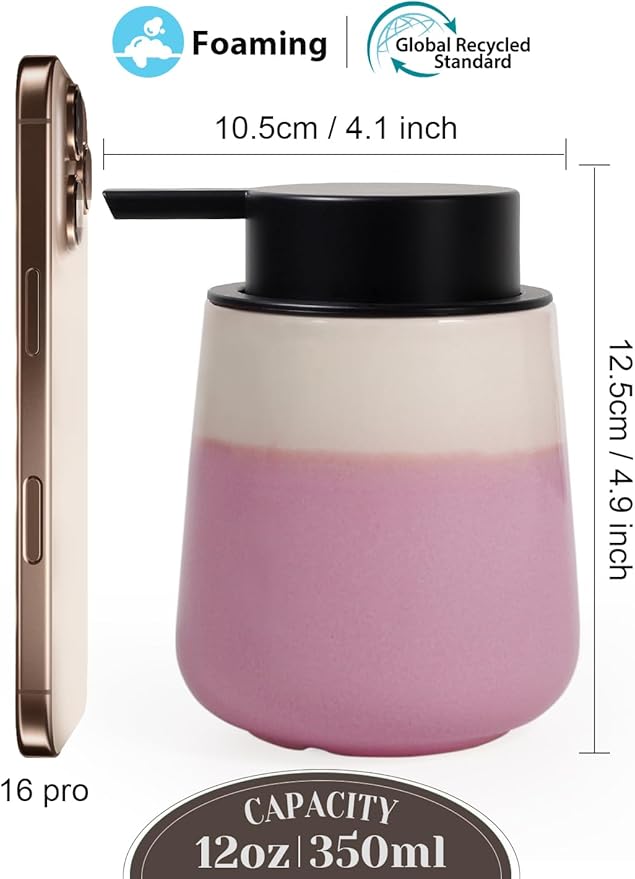 INGOFIN Ceramic Foaming Soap Dispenser - 12oz Foam Hand Soap Dispenser Bathroom, Refillable Modern Dish Dispenser with Pump for Kitchen, Beige and Pink