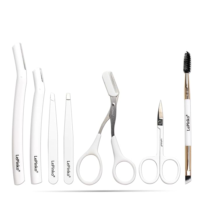 LePinko Eyebrow Trimmer Kit, 7 in 1 Eyebrow Scissors, Tweezer, Razor, Gromming Scissors Brush for Women Men, Gifts for Stocking Stuffers - White