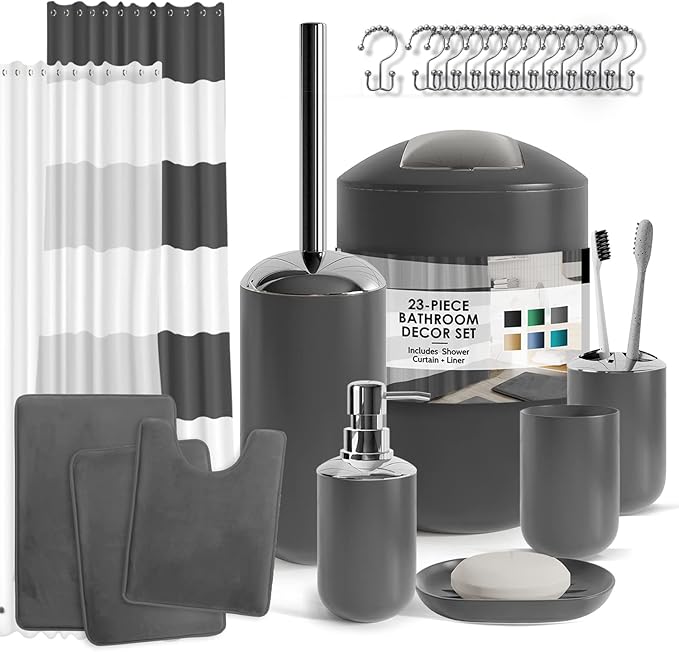 Clara Clark Bathroom Set - Gray Bathroom Accessories Set, Bathroom Sets with Shower Curtain and Rugs, 23PC Shower Curtain Set with Liner, Soap Dispenser, Soap Dish, Toilet Brush Holder, and Trash Can