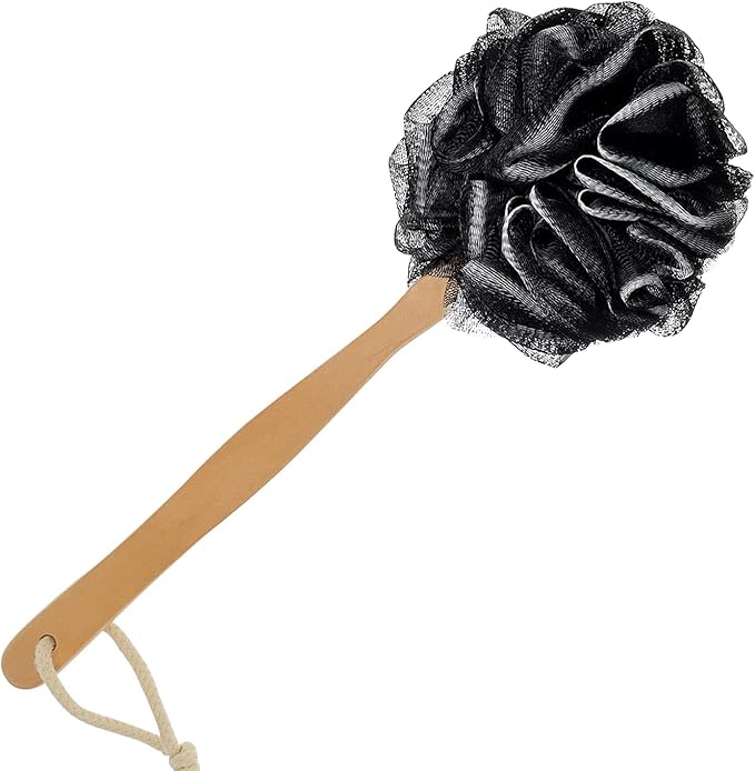 Black Loofah with Handle - Back Scrubber & Exfoliating Shower Sponge, PE Soft Mesh on a Wooden Stick for Men and Women