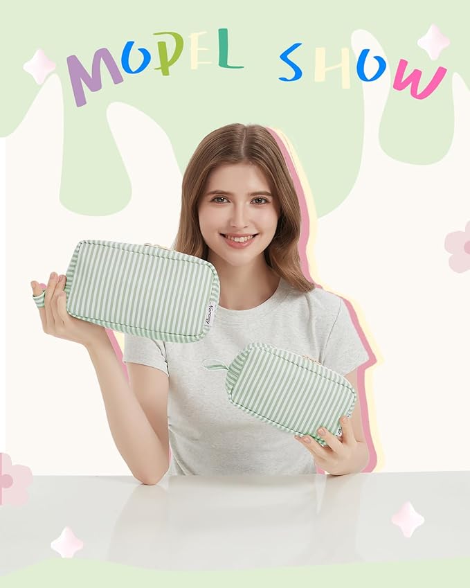 Narwey Cute Makeup Bag Small Toiletry Bag Travel Cosmetic Bag Organizer Make Up Bags with Organized Pockets for Women (Mint Green Stripe, Large)