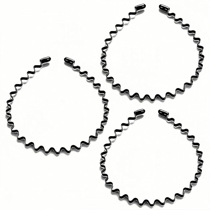 Metal Hair Band, Unisex Black Headbands, Wavy Stylish Design Metal Hair Ties for Men, Adjustable Headband for Women Outdoor Sports and Daily Wear. (3 Pcs)