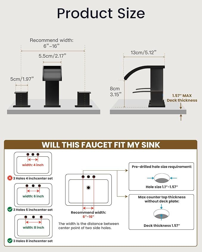 gotonovo Waterfall 8 inch Widespread Bathroom Faucet Set Bathroom Sink Faucet 3 Hole 2 Handle Vanity Lavatory Deck Mount with Pop Up Drain and Water Supply Lines Square Body Oil Rubbed Bronze