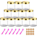 12 Pack 8 oz Plastic Cosmetic Containers With Gold Lids Refillable Clear Empty Travle Jars Containers for Body Butter,Sugar Scrubs,Cream,Lotions,Candy, Label&Spatulas