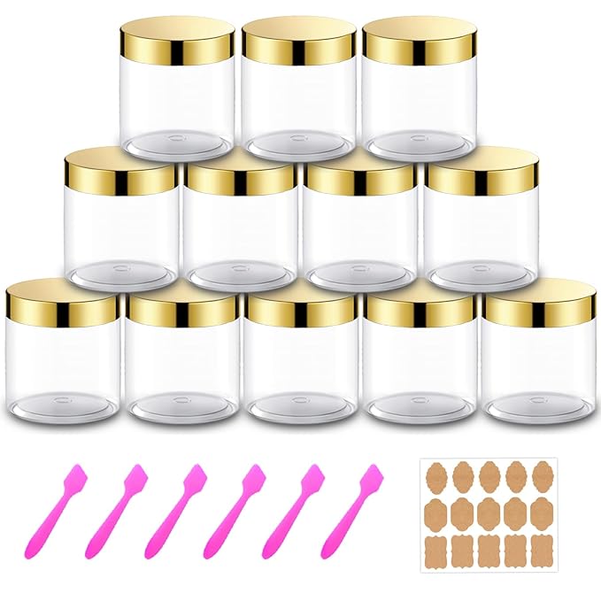 12 Pack 8 oz Plastic Cosmetic Containers With Gold Lids Refillable Clear Empty Travle Jars Containers for Body Butter,Sugar Scrubs,Cream,Lotions,Candy, Label&Spatulas