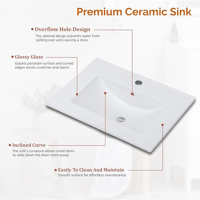 VINGLI 24 Inch Bathroom Vanity with Sink, Pure White Mid Century Modern Fluted Vanity Cabinet with Ceramic Basin, Small Free Standing Combo for Powder Room, Soft Close Doors, Gold Handles