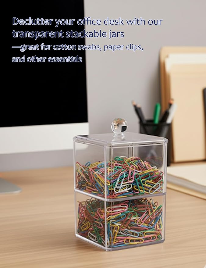 Cotton Swab Holder with Plastic Lid, Clear PS Qtip Container, Double Layer Stackable Bathroom Organizer for Cotton Balls & Pads, Vanity Storage, Dorm Room Essentials, Small Space Decor