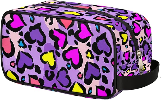 Heart Shape Leopard Skin Print Kids Toiletry Bag for Boys Girls, Cosmetic Makeup Bag with Handle, Travel Shaving Kit Organizer, Waterproof Portable Wash Bag for Gym Vacation Camping Sports