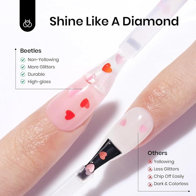 beetles Gel Polish 6Pcs Heart Star Reflective Glitter Gel Top Coat Set, Clear Pink Color Pastel Nail Polish No Wipe Top Coat Long Lasting Highly Shine Soak Off Uv Gel Art