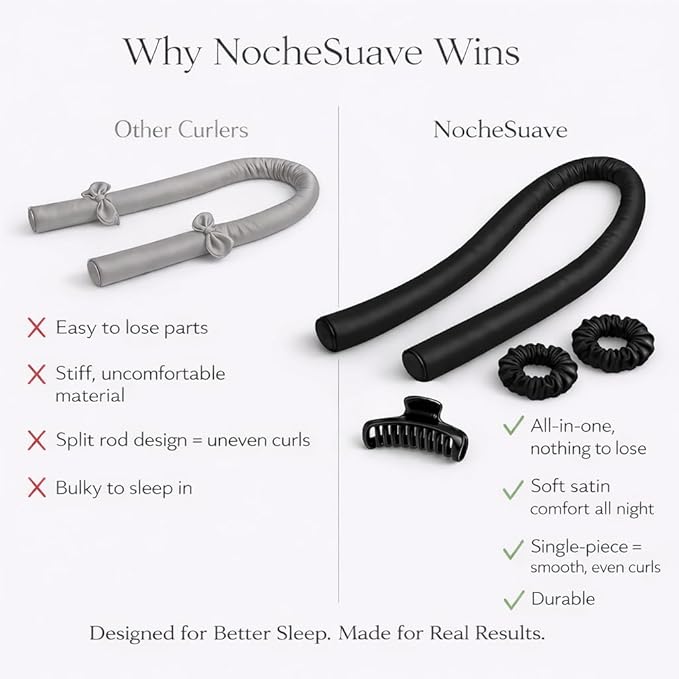 NocheSuave Heatless Hair Curler – Satin Curling Rod for Overnight Curls While Sleeping, No Heat Damage, Soft Waves Hair Curlers to Sleep In for Long & Medium Hair (Black Kit)