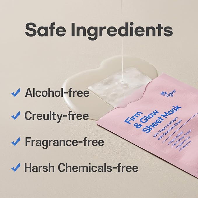 Firm & Glow Sheet Mask with Vegan Collagen Semi-Gel Sheet Biodegradable 100% Cellulose Semi-Gel Sheet for Anti-Aging Hydration Elasticity Peptide Complex-9 Niacinamide 10 Count