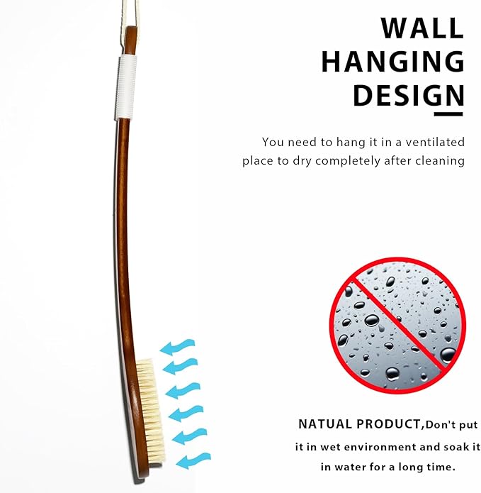 ICANdOIT-17.71Inch Natural Stiff Sisal Bristles Anti-Slip Long Handle Bath Brush,Bent Handle Shower Scrubber for Exfoliating,Shower Back Brush,Exfoliation Set with Pumice Stone(2 Pack)