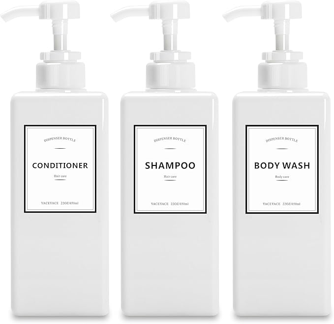 Shower Dispenser Set, 3 White Refillable Bottles, 22oz Large, Shampoo, Conditioner, Body Wash