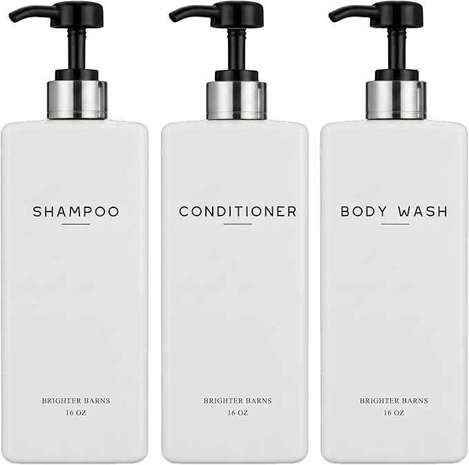 White Shampoo and Conditioner Dispenser Set by Brighter Barns - Refillable Shower Soap Bottles - Empty Body Wash Dispenser - Neutral Home Decor for Shower, Guest Bathroom, Airbnb, Spa (White Silver)