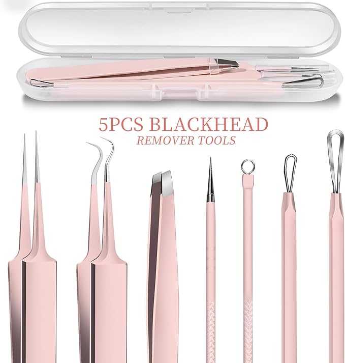 Teenitor Blackhead Remover Kit, Pimple Popper Tool Kit, 2 Blackhead Extractor, 1 Ingrown Hair Tweezers, 2 Pimple Extractor Pore Extractor Acne Tools for Face