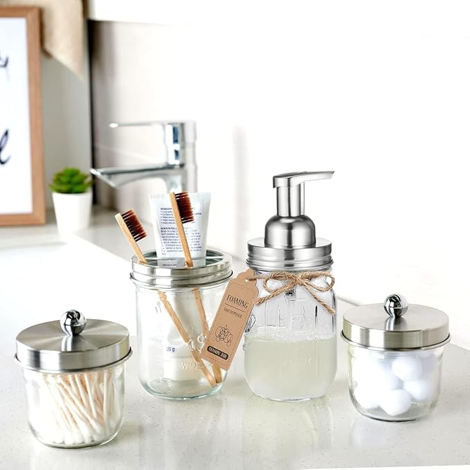 Amolliar Mason Jar Foaming Soap Dispenser Pump, Refillable Plastic Pump, Rustproof Stainless Steel Lid for Regular Mouth Jar, Cute Farmhouse Decor, Soap for Bathroom, Kitchen, Brushed Nickel 4 Pack