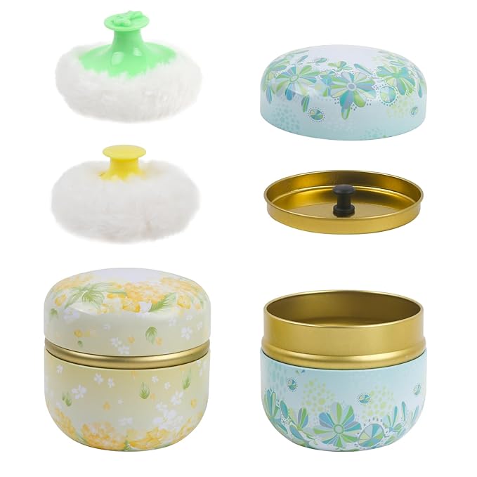 2 Pcs Body Powder Puff and Container Large with Powder Puffs Empty Bath Dusting Box for Women Light Yellow & Light Blue