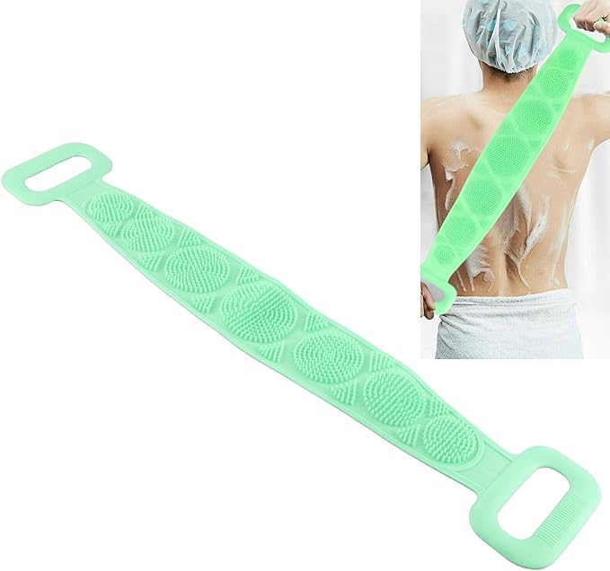 Silicone Back Scrubber Strap Double Sided Exfoliating Bath Shower Cleaning Belt Ergonomic Design for Men Women Kids Elderly Soft Dense Brush Hair Body Massage Tool (Green)
