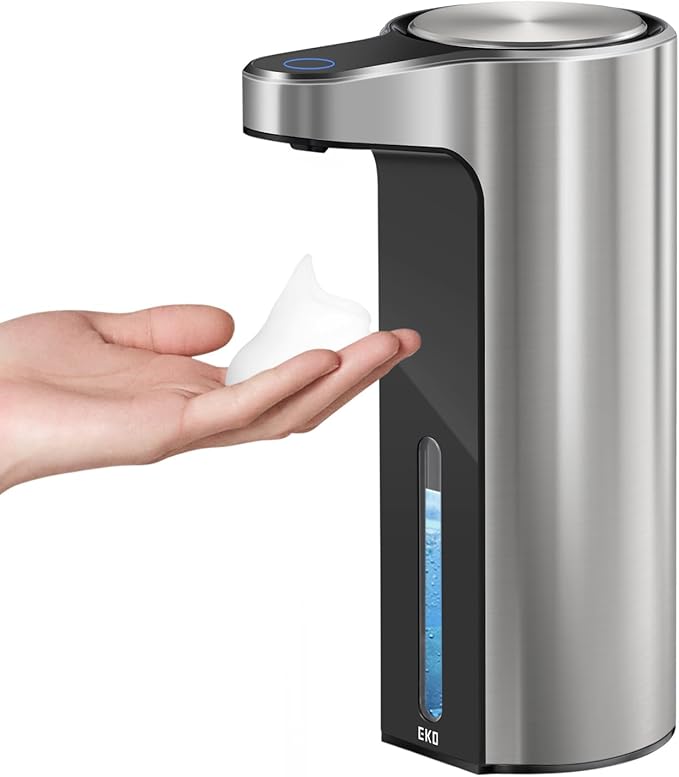 EKO Automatic Foaming Soap Dispenser, Touchless Foam Hand Soap Dispenser for Bathroom and Kitchen, Water-Resistant and Rechargeable, 9 fl oz, Modern Design for Homes and Offices (Stainless)